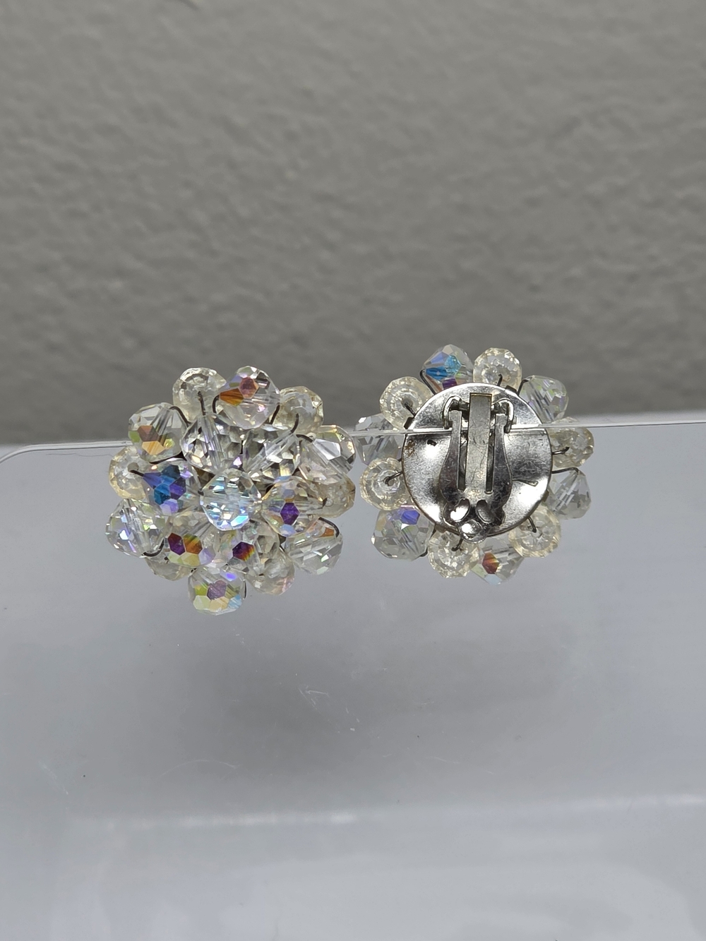Crystal Cluster Clip-On Earrings - Glass Aurora Borealis Beads